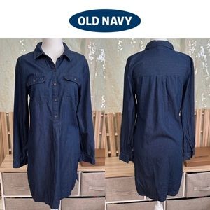 NWOT Old Navy Denim Dress - Women S- Long Sleeve Midi-Front pockets 100% cotton